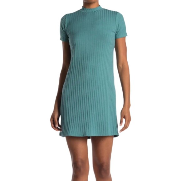 Kenedik Ribbed Knit T-Shirt Dress XL Moss Green Mock Neck Short Sleeve NWT - Picture 1 of 8